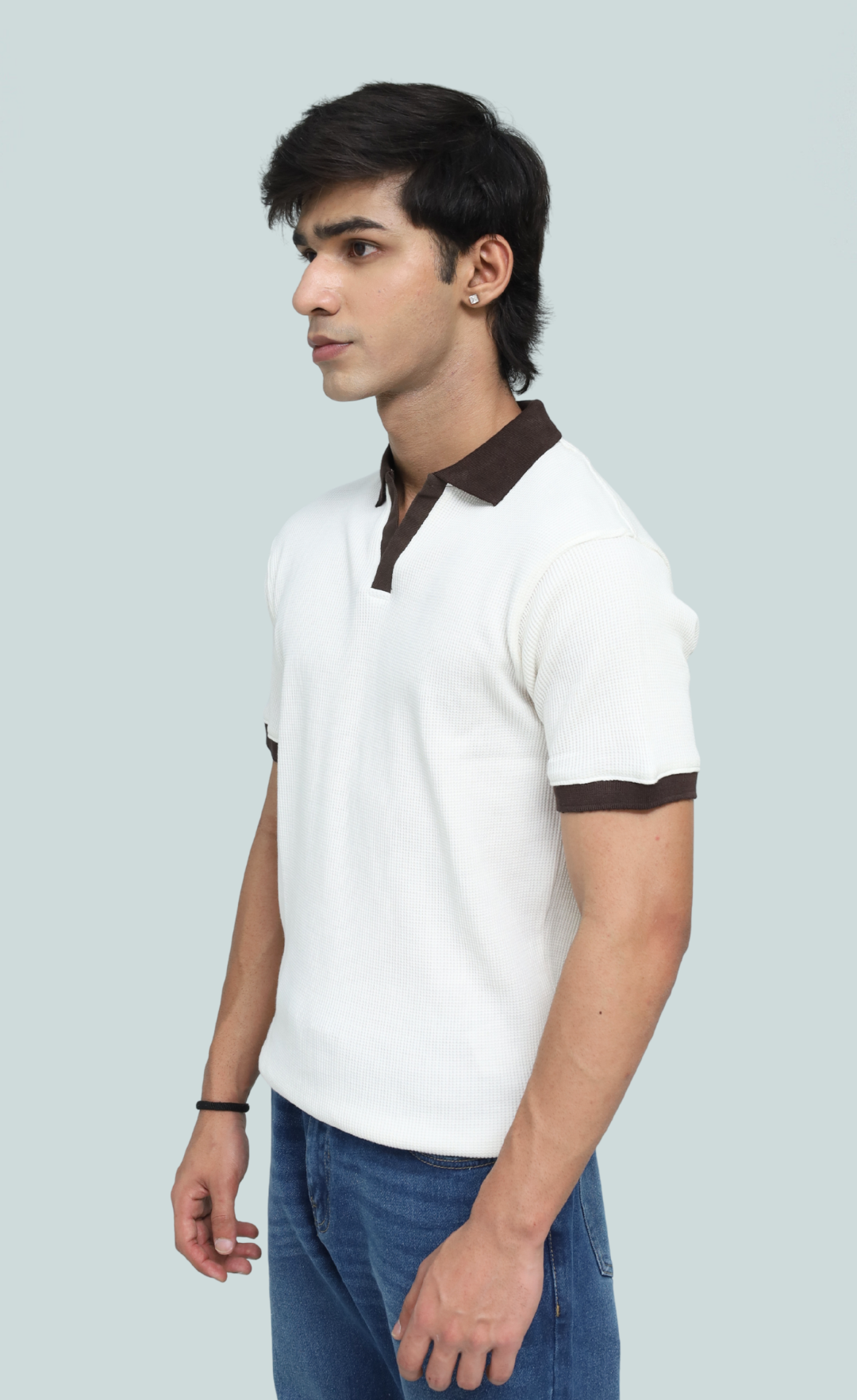 white waffle fabric polo shirt with duds pacific straight fit jeans
